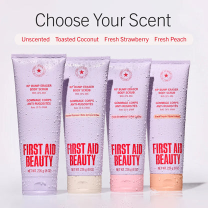 Four tubes of First Aid Beauty KP Bump Eraser with different scents on a light gray background.