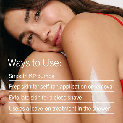 Woman with smooth skin on her arm, showing text about ways to use a First Aid Beauty skincare product.