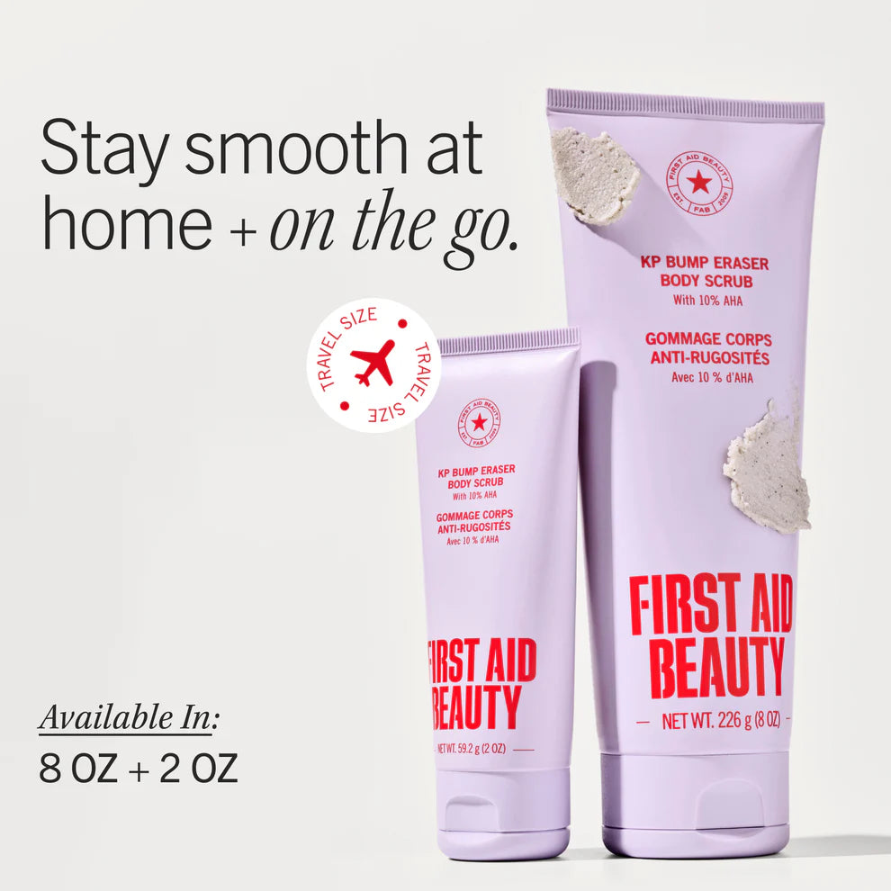 Two bottles of First Aid Beauty KP Bump Eraser Body Scrub on a white background with text about product size and availability.