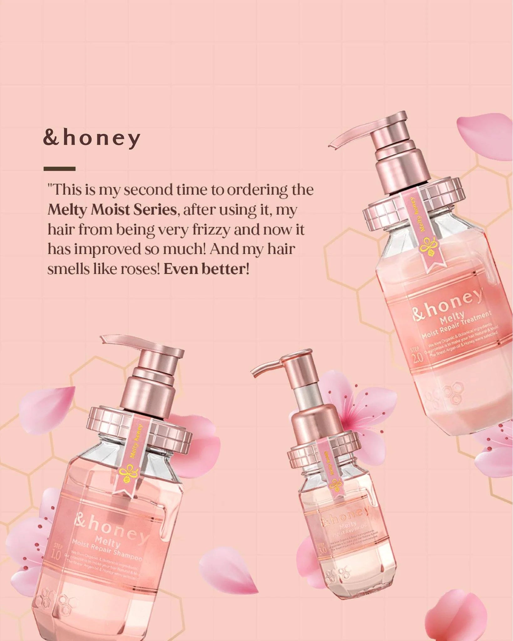 Two bottles of &honey hair care products on a pink background with text about product effectiveness.