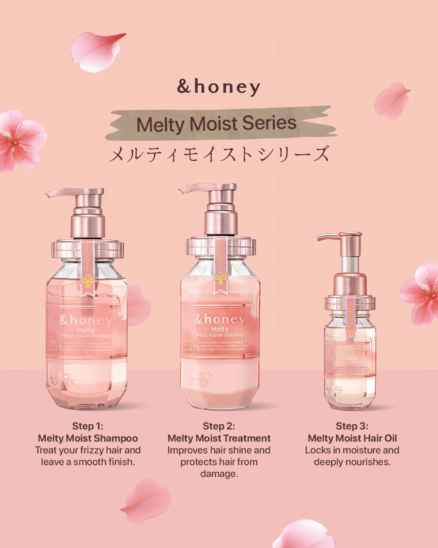 &honey Melty Moist Series with three products on a pink background with floral elements.