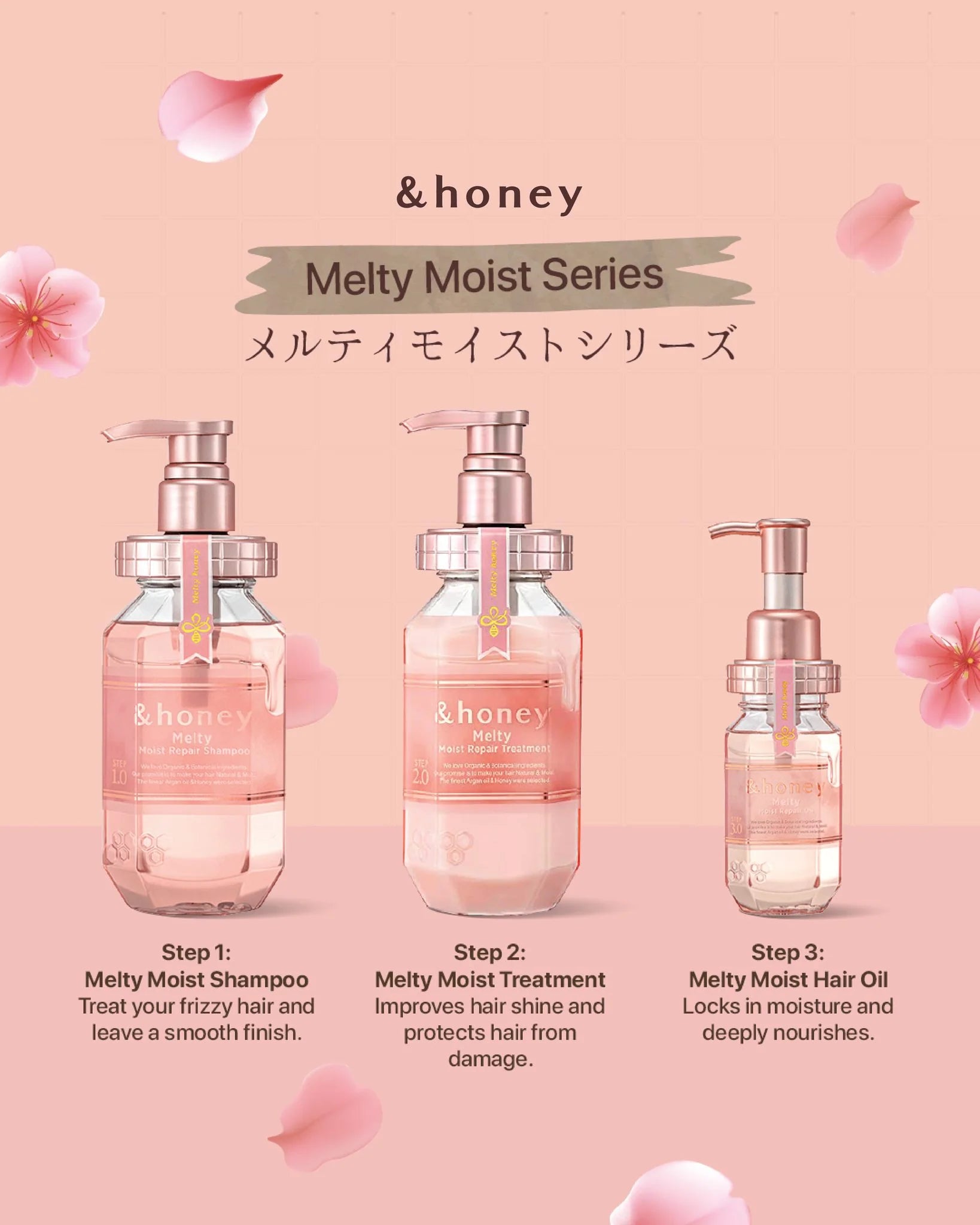 &honey Melty Moist Series with three products on a pink background with floral elements.