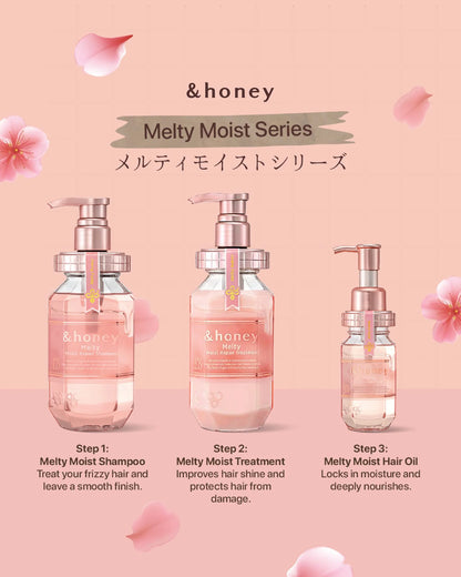 &honey Melty Moist Series with three products on a pink background with floral elements.