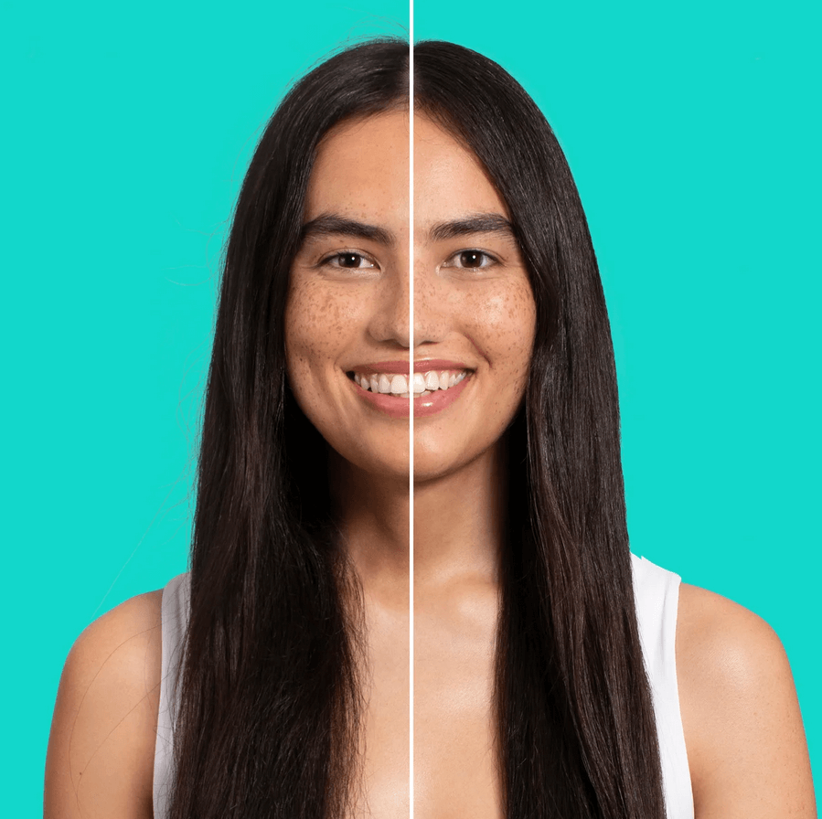 Before and after transformation showcasing healthy hair with Sol de Janeiro Brazilian Joia Haircare Bundle.