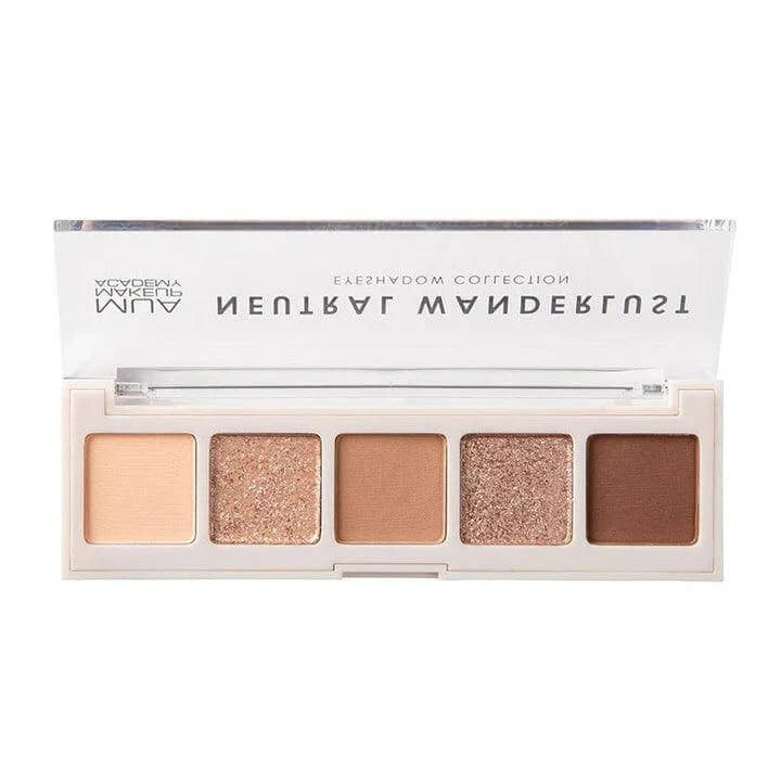 MUA 5 Shade Eyeshadow Palette - Neutral Wanderlust showcasing 5 nude matte and shimmer shades in sleek packaging.