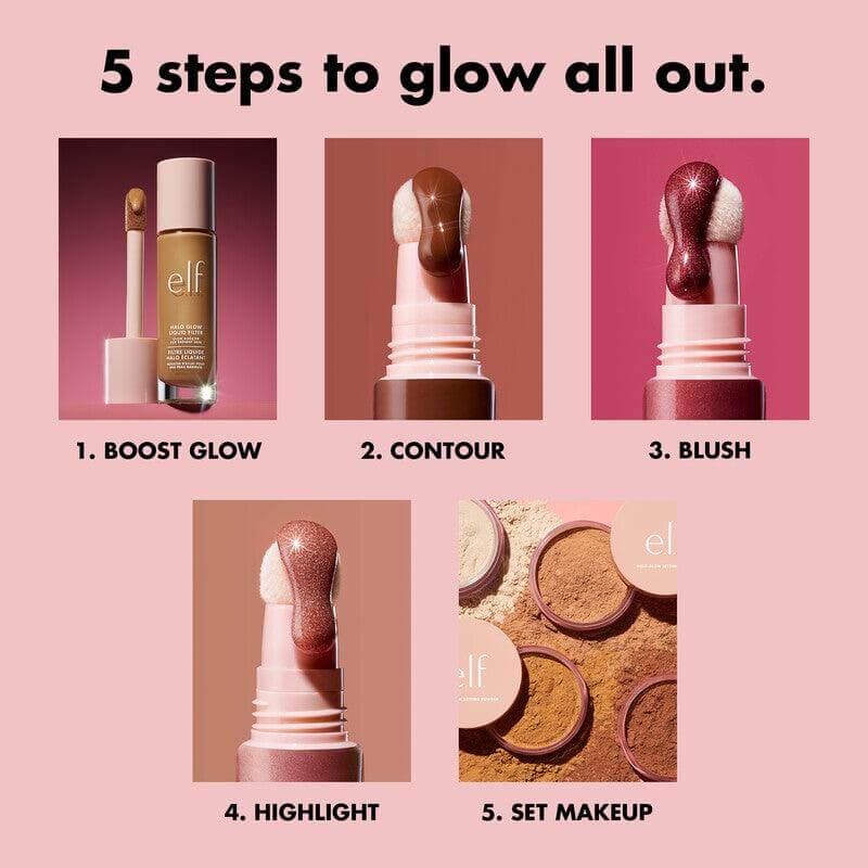5 steps to enhance your glow: boost glow, contour, blush, highlight, and set makeup with e.l.f products.