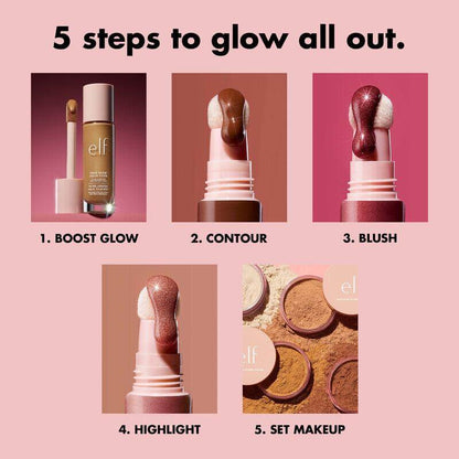 5 steps to enhance your glow: boost glow, contour, blush, highlight, and set makeup with e.l.f products.