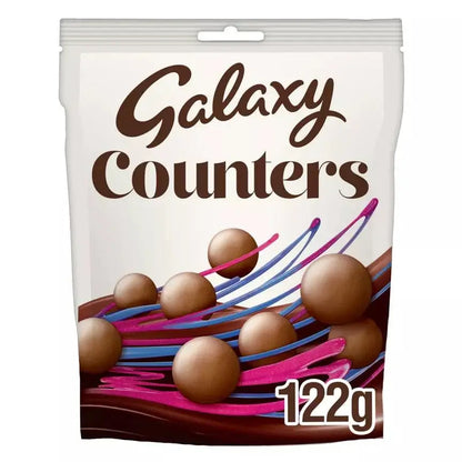 Galaxy Counters Chocolate Pouch 122g featuring colorful chocolate spheres in a resealable bag, suitable for vegetarians.