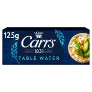 Carr's Table Water Crackers 125g packaging, suitable for vegetarians and kosher, may contain sesame and wheat.