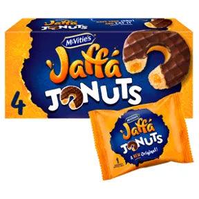 McVitie's Jaffa Jonuts biscuits multipack 4 x 43g, featuring a box and individual biscuit packaging.