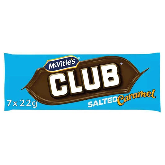 McVitie's Club Salted Caramel Biscuit Bars Multipack 7x22g, suitable for vegetarians, indulgent chocolate treats.