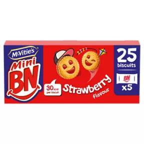 McVitie's Mini BN Biscuits Multipack featuring strawberry flavor, 25 biscuits, suitable for vegetarians.