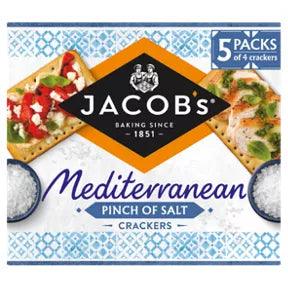 Jacobs Mediterranean Pinch of Salt Crackers, 5 packs of 4, suitable for vegetarians, contains barley and wheat.