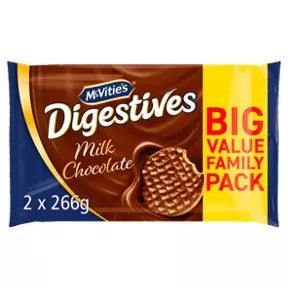 McVitie's Milk Chocolate Digestives Biscuits 2x266g family pack, indulgent chocolate-covered biscuits for snacking.