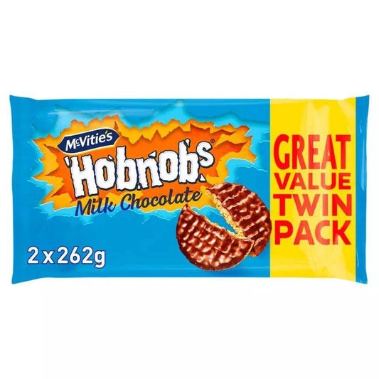McVitie's Hobnob's Milk Chocolate Biscuits Twin Pack 2 x 262g, great value snack packaging.