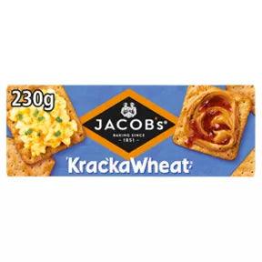 Jacobs Krackawheat Crackers 230g package featuring crispy crackers, suitable for vegans and vegetarians, with rye and wheat.
