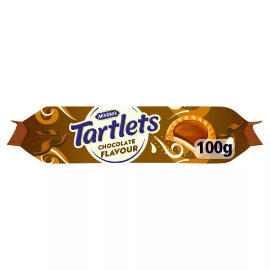McVitie's Tartlets Chocolate Flavour Biscuits 100g packaging with a creamy chocolate topping and biscuit base.