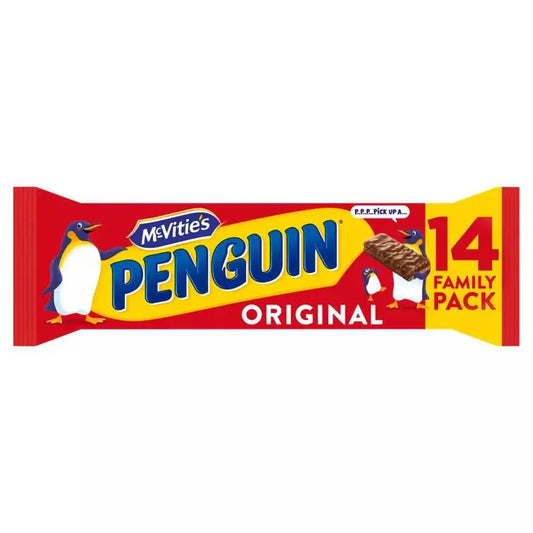 McVitie's Penguin Milk Chocolate Biscuit Bar Family Pack, 14 bars x 24.6g, suitable for vegetarians, allergy advice included.