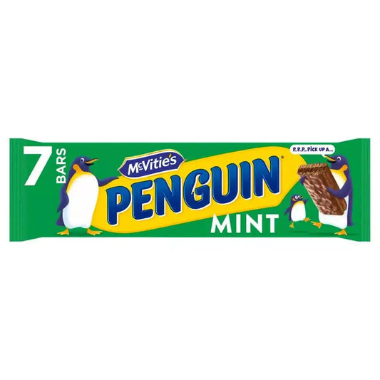 McVitie's Penguin Mint Chocolate Biscuit Bar Multipack, 7 bars, vegetarian-friendly snack with mint flavor.