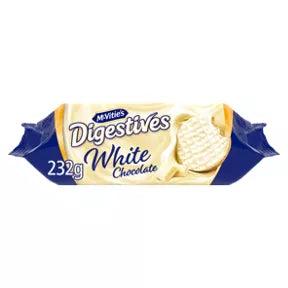 McVitie's Digestives White Chocolate Biscuits 232g packaging with a golden and blue design.