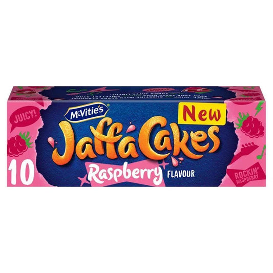 McVitie's Jaffa Cakes Original Raspberry Flavour, 10 cakes, 110g package featuring juicy raspberry design.