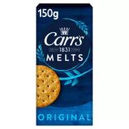 Carr's Melts Original Crackers 150g packaging featuring a single cracker on a blue background. Suitable for vegetarians.
