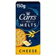 Carr's Melts Cheese Crackers 150g packaging with a cheese cracker and bold branding.