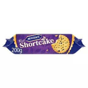 McVitie's Fruit Shortcake Biscuits 200g packaging showcasing fruity goodness and crunchy texture.