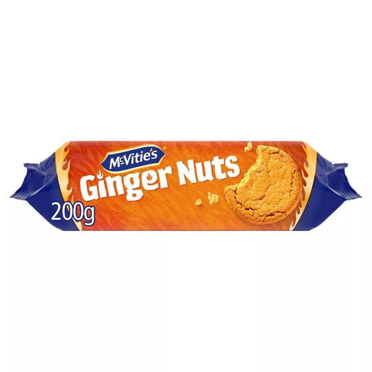 McVitie's Ginger Nuts Biscuits 200g packaging, showcasing the tasty ginger-flavored biscuits, perfect for tea time.
