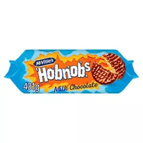 McVitie's Hobnobs Milk Chocolate Biscuits 431g packaging featuring crunchy oats and smooth milk chocolate.