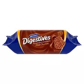 McVitie's Milk Chocolate Digestive Biscuits pack, 266g, suitable for vegetarians, containing milk, soya, and wheat.