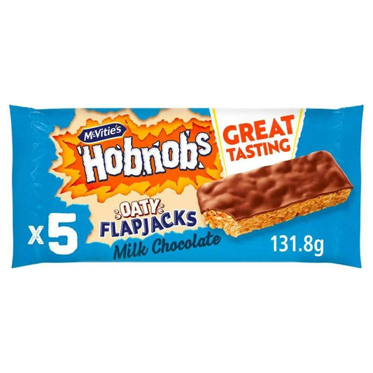 McVitie's Hobnobs 5 Flapjacks topped with milk chocolate, 131.8g, suitable for vegetarians, great tasting treat.