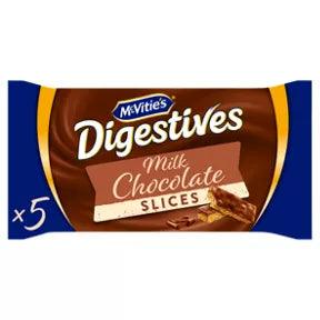 McVitie's 5 Digestive Slices topped with milk chocolate, 114.1g package, suitable for vegetarians.