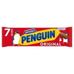 McVitie's Penguin Chocolate Biscuit Bar Multipack, 7 bars, 24.6g each, suitable for vegetarians.