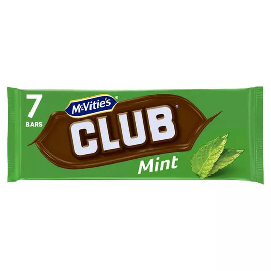 McVitie's Club Mint Chocolate Biscuit Bars Multipack, 7 bars of delicious mint chocolate, suitable for vegetarians.
