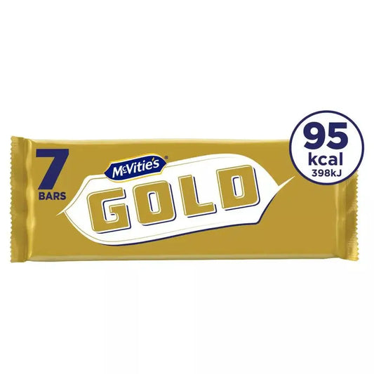 McVitie's Gold Caramel Biscuit Bars Multipack, 7 bars, 95 kcal per bar, suitable for vegetarians.