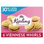 Mr Kipling Reduced Sugar Viennese Whirls Cakes 6 Pack, suitable for vegetarians, with 30% less sugar.