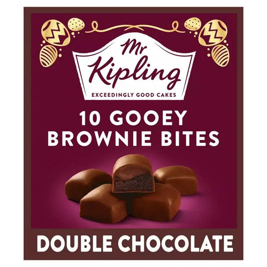 Mr Kipling 10 Gooey Brownie Bites double chocolate, delicious vegetarian treat, perfect for dessert, 15g each, pack of 10.