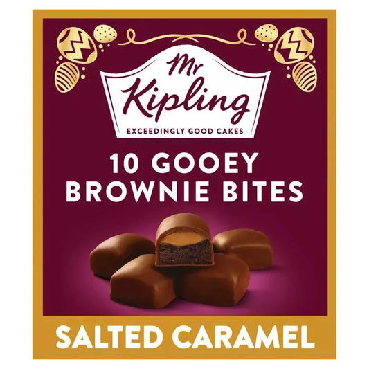 Mr Kipling 10 Gooey Brownie Bites pack featuring salted caramel flavor, perfect for vegetarians and dessert lovers.