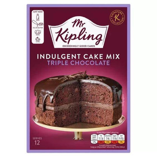 Mr Kipling Indulgent Cake Mix Triple Chocolate 416g package featuring a rich chocolate cake ready to bake.