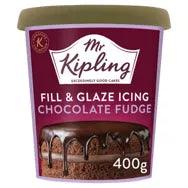 Mr Kipling Fill & Glaze Icing Chocolate Fudge 400g tub with chocolate drizzle, suitable for vegetarians.