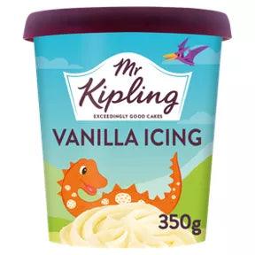 Mr. Kipling Unicorn Vanilla Flavour Icing 350g tub, suitable for vegetarians, colorful packaging with a playful design.