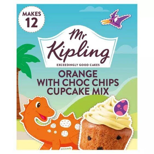 Mr Kipling Dinosaur Orange Flavoured Choc Chip Cupcake Mix packaging featuring a dinosaur and cupcake illustration.