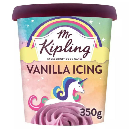 Mr. Kipling Unicorn Vanilla Flavour Icing 350g, colorful packaging with a unicorn design, suitable for vegetarians.