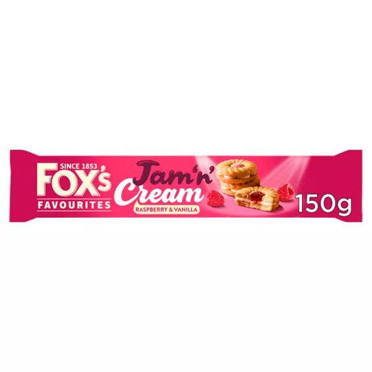 Fox's Jam 'n' Cream Biscuit Rings 150g packaging, featuring raspberry and vanilla flavors, suitable for vegetarians.