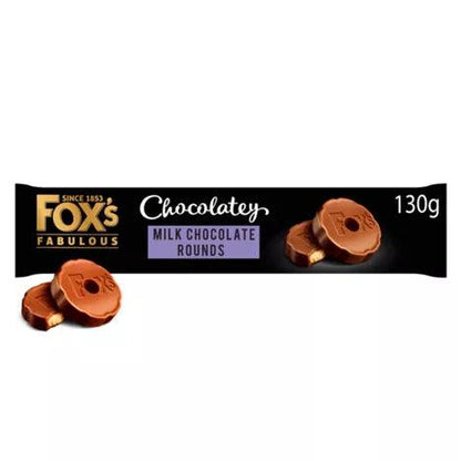 Fox's Biscuits Chocolatey Rounds 130g pack with milk chocolate cookies, suitable for vegetarians, may contain nuts.