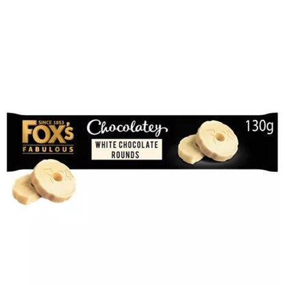 Fox's Biscuits Chocolatey White Chocolate Rounds 130g packaging showcasing delicious round biscuits.