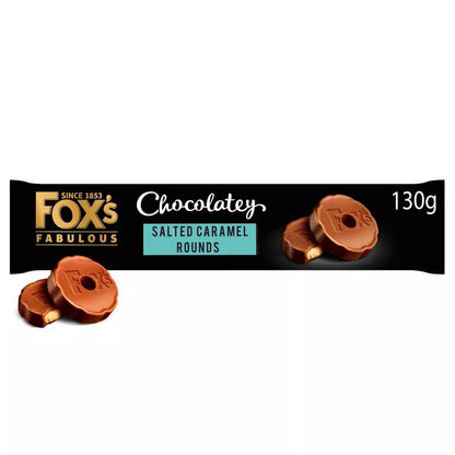 Fox's Biscuits Chocolatey Rounds 130g packaging featuring delicious chocolate snacks, suitable for vegetarians, may contain nuts.