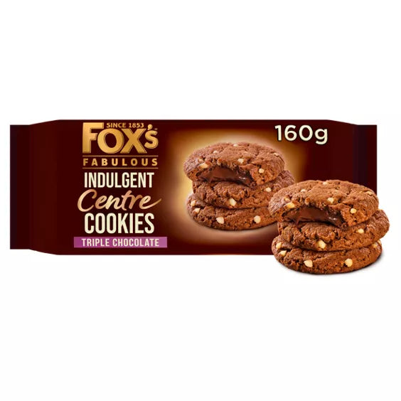 Fox's Fabulous Indulgent Centre Cookies 160g pack featuring triple chocolate cookies.
