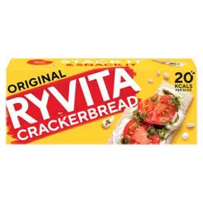 Ryvita Crackerbread Original Crackers 200g packaging, suitable for vegetarians, low-calorie snack option.